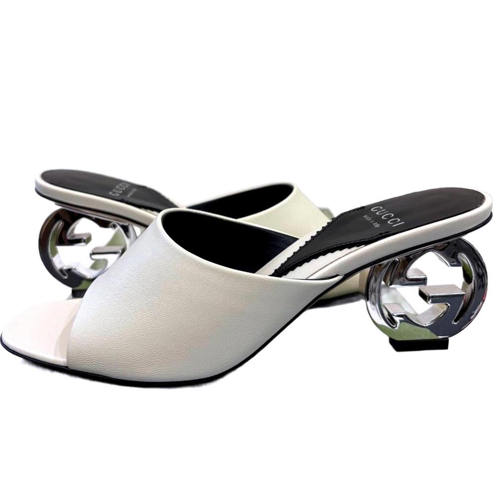 NWT Gucci Women's White Leather Mules with Silver Logo Heel US 6.5 EU 36.5